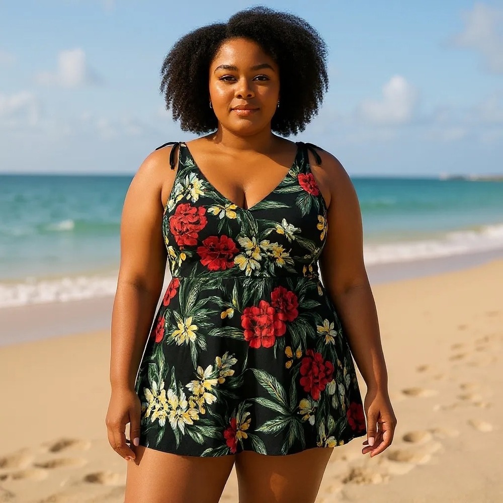 Summer Mae Black Floral Print Swimdress Plus Size 3XL‎ Womens Swimsuit